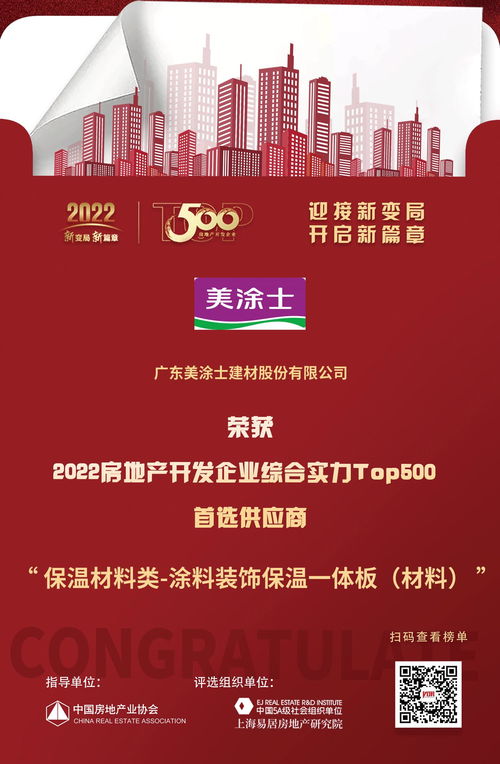 美涂士榮膺2022房地產(chǎn)開發(fā)企業(yè)綜合實力TOP500首選供應(yīng)商，彰顯涂料裝飾保溫一體板行業(yè)領(lǐng)先地位